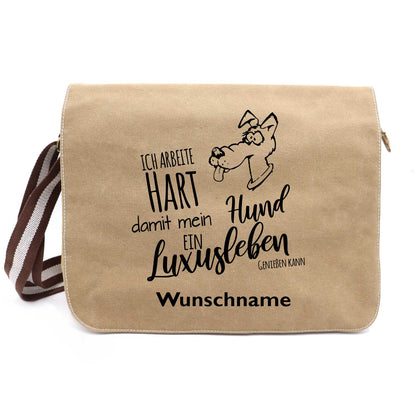 Ich arbeite hart Hund 2 - Canvas Schultertasche Messenger mit Namen