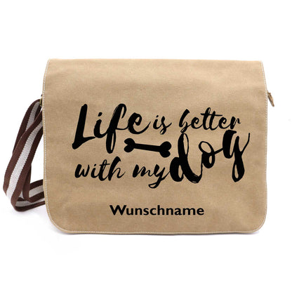 Life is better - Canvas Schultertasche Messenger mit Namen