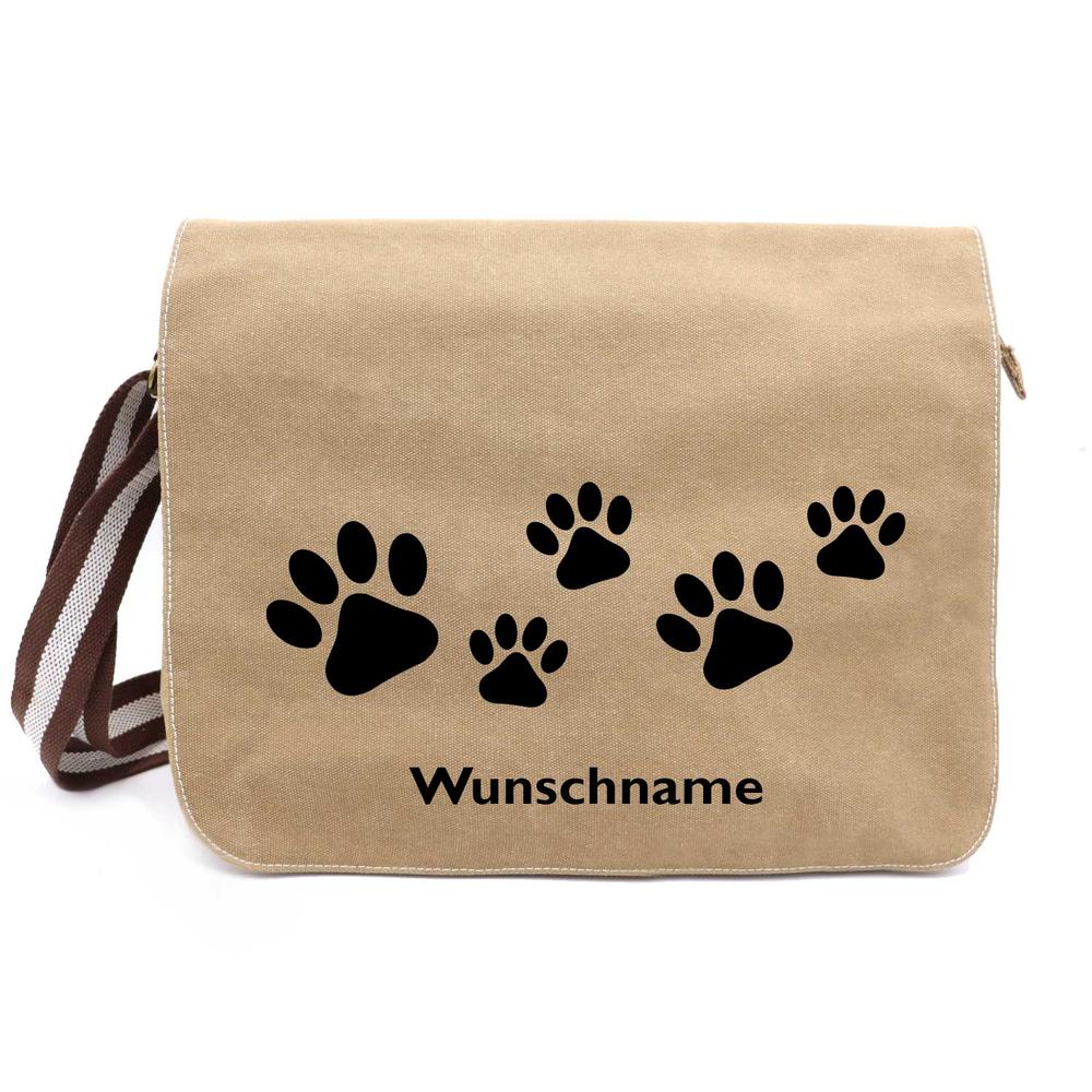 Pfötchen 1 - Canvas Schultertasche Messenger mit Namen - Tierisch tolle Geschenke