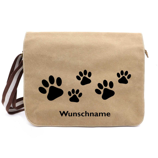 Pfötchen 1 - Canvas Schultertasche Messenger mit Namen