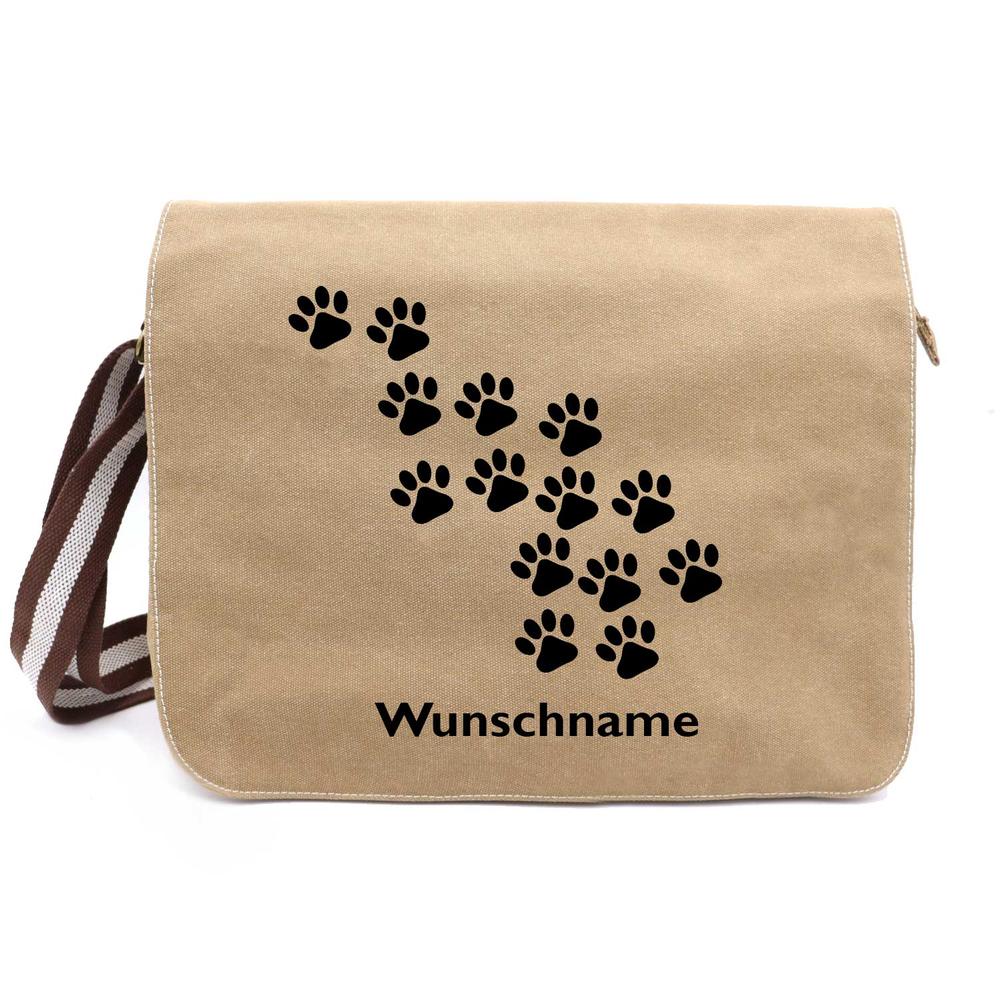 Pfötchen 2 - Canvas Schultertasche Messenger mit Namen - Tierisch tolle Geschenke