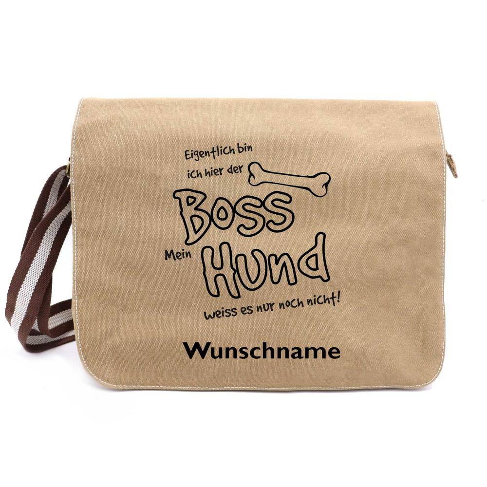 Eigentlich bin ich hier der Boss - Canvas Schultertasche Messenger mit Namen - Tierisch tolle Geschenke