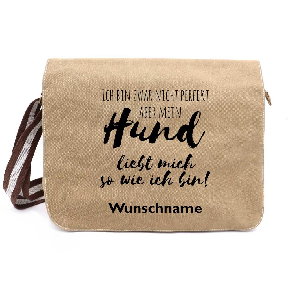 Mein Hund liebt mich - Canvas Schultertasche Messenger mit Namen - Tierisch tolle Geschenke