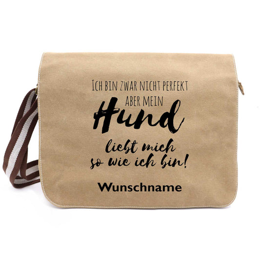 Mein Hund liebt mich - Canvas Schultertasche Messenger mit Namen