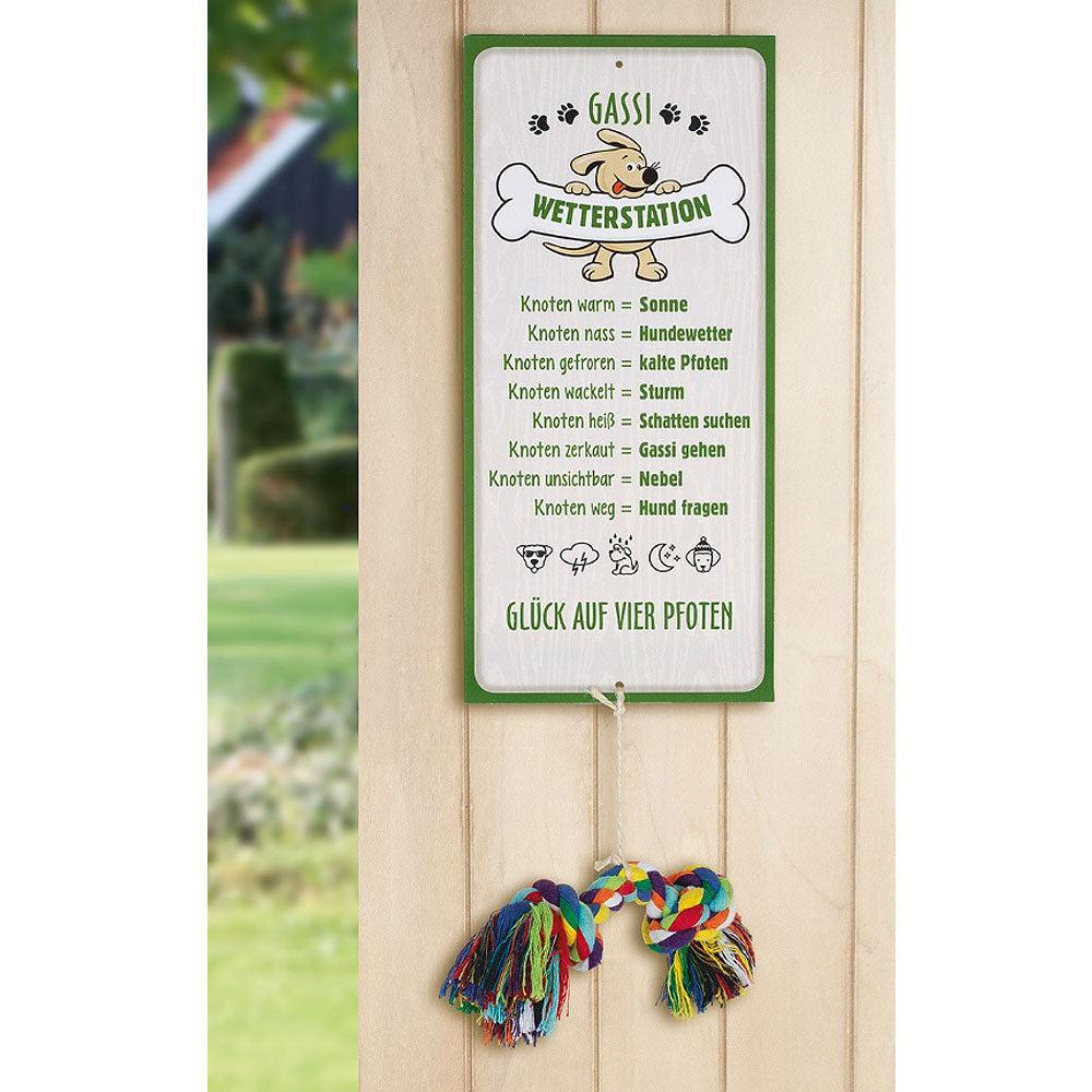 Gassi Wetterstation Schild aus Aluminium, grün/beige/mehrfarbig, mit Hundespruch und Seilknochen, 14x30 cm, für Außenbereich