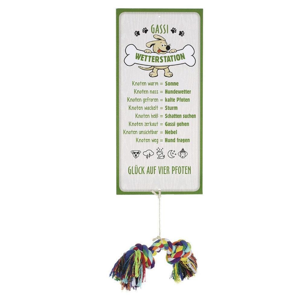 Gassi Wetterstation Schild aus Aluminium, grün/beige/mehrfarbig, mit Hundespruch und Seilknochen, 14x30 cm, für Außenbereich
