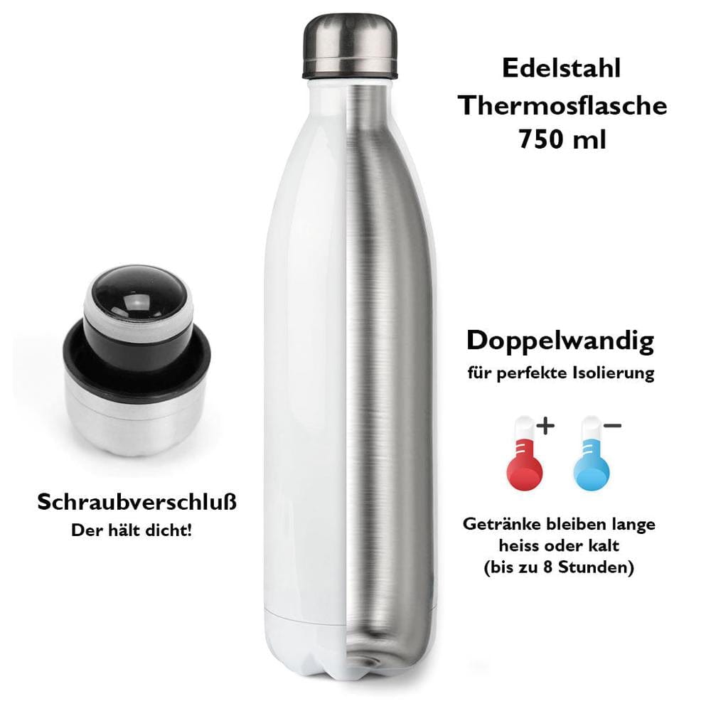 Edelstahl Thermosflasche 750 ml mit Wunschname. Doppelwandig und mit Sicherheitsschraubverschluß