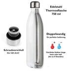 Edelstahl Thermosflasche 750 ml mit Wunschname. Doppelwandig und mit Sicherheitsschraubverschluß