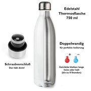 Edelstahl Thermosflasche 750 ml mit Wunschname. Doppelwandig und mit Sicherheitsschraubverschluß