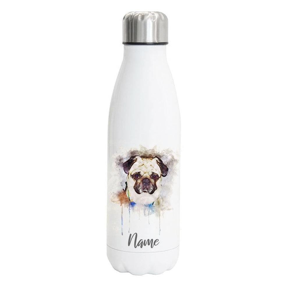 Mops 2 - Edelstahl Thermosflasche 750 ml mit Namen -watercolour-Tierisch-tolle Geschenke-Tierisch-tolle-Geschenke