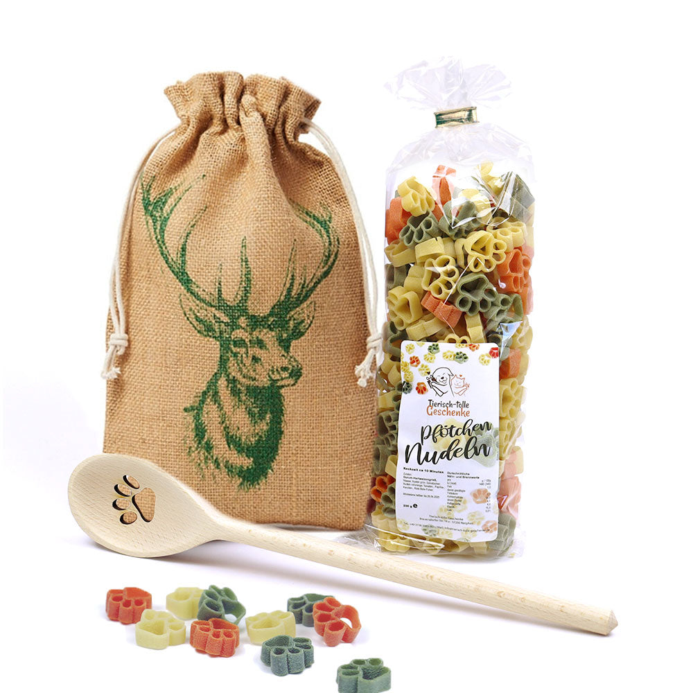 Geschenk-Set Pfötchen Kochlöffel & Pfötchen Nudeln - Jute Hirsch