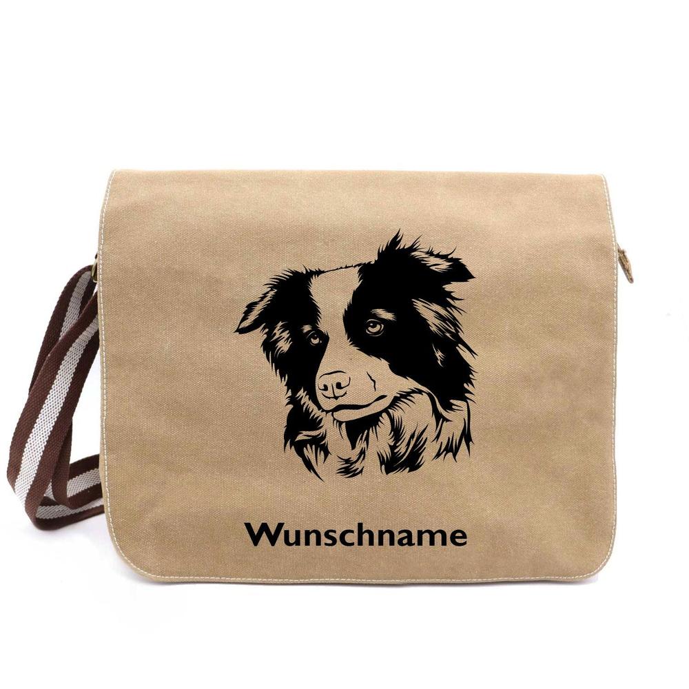 Border Collie Kopf - Canvas Schultertasche Messenger mit Namen - Tierisch tolle Geschenke
