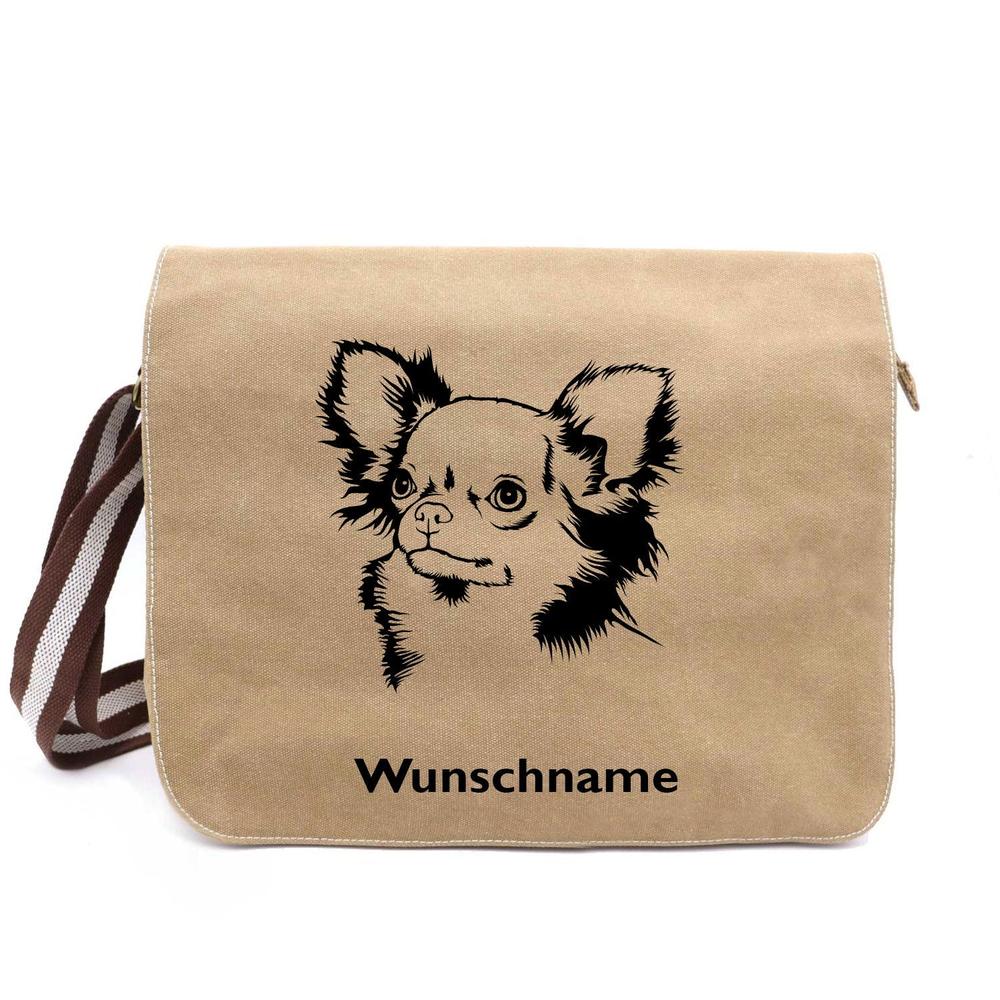 Chihuahua Langhaar - Canvas Schultertasche Messenger mit Namen - Tierisch tolle Geschenke