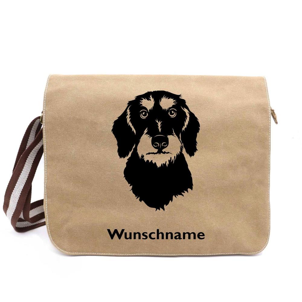 Dackel Rauhaar - Canvas Schultertasche Messenger mit Namen - Tierisch tolle Geschenke