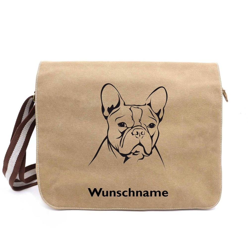 Französische Bulldogge 3 - Canvas Schultertasche Messenger mit Namen - Tierisch tolle Geschenke