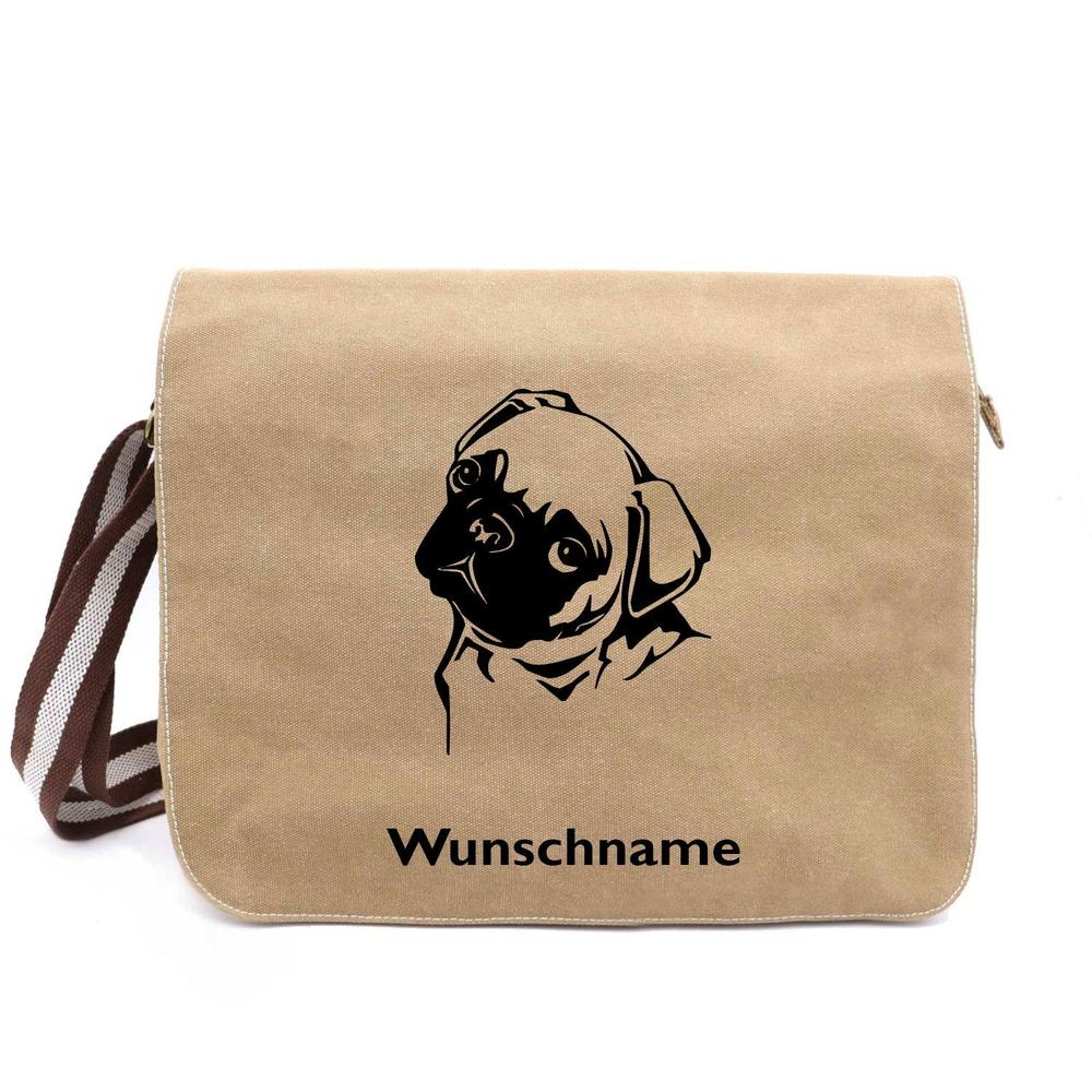 Mops 1 - Canvas Schultertasche Messenger mit Namen - Tierisch tolle Geschenke