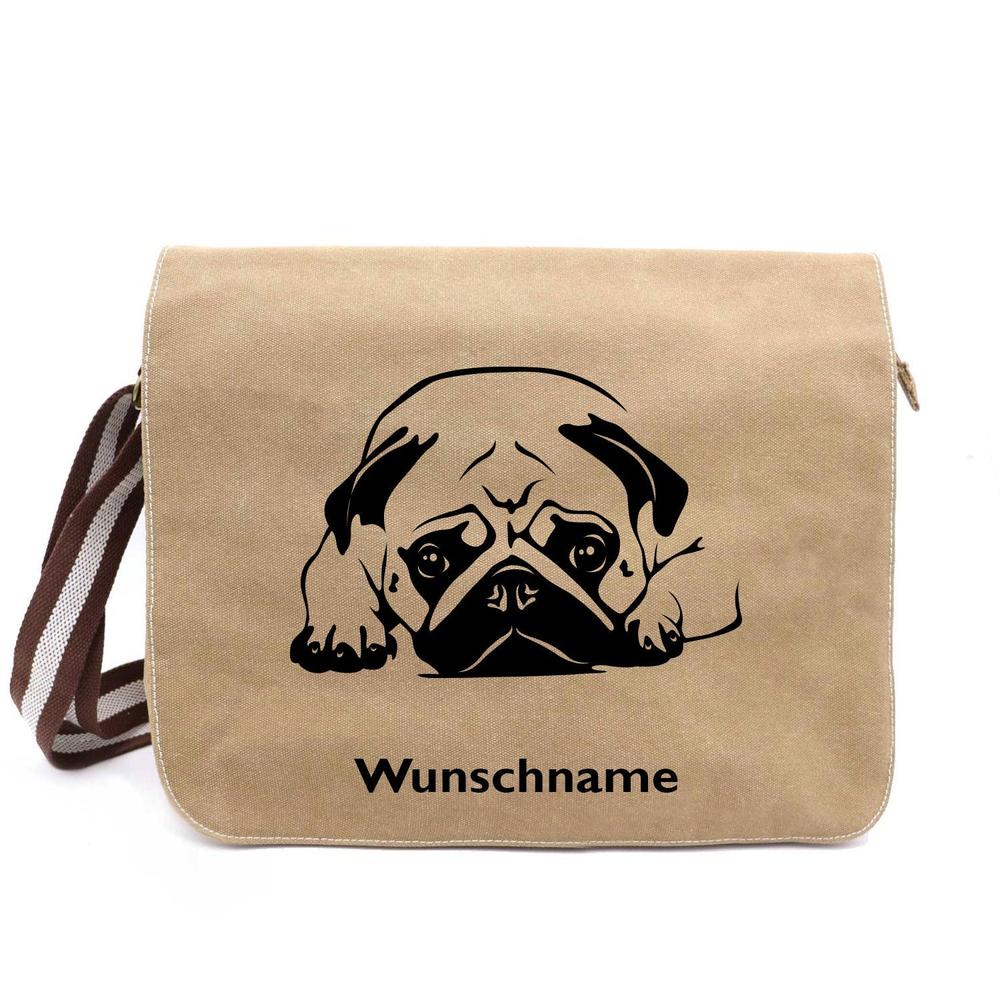 Mops liegend - Canvas Schultertasche Messenger mit Namen - Tierisch tolle Geschenke