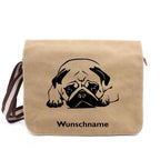 Mops liegend - Canvas Schultertasche Messenger mit Namen - Tierisch tolle Geschenke