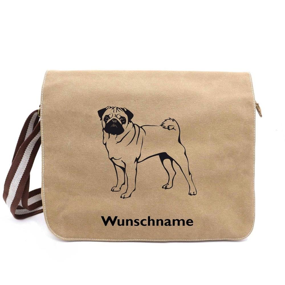 Mops stehend - Canvas Schultertasche Messenger mit Namen - Tierisch tolle Geschenke