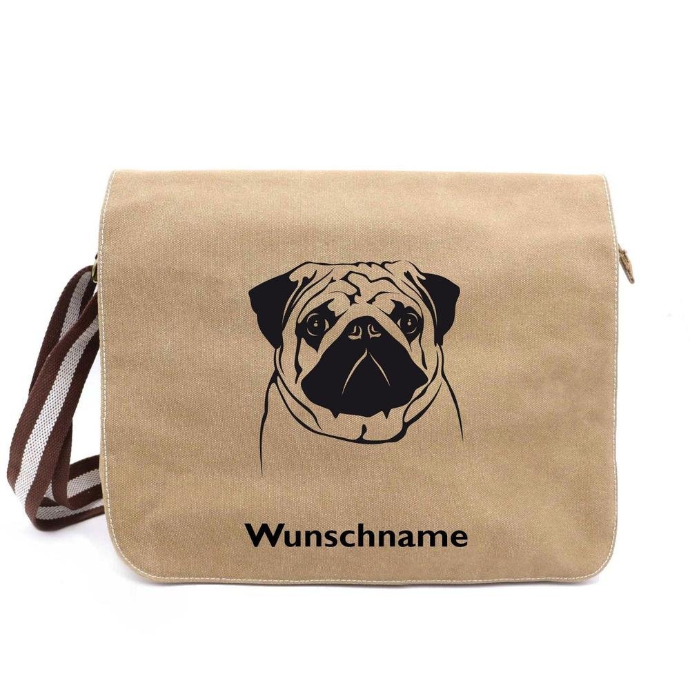 Mops - Canvas Schultertasche Messenger mit Namen - Tierisch tolle Geschenke