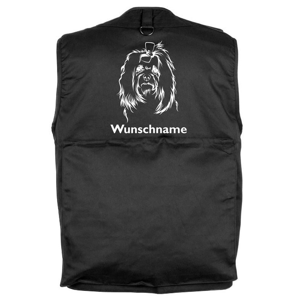 Hundesportweste schwarz mit Malteser-Kopf-Motiv und Wunschtext, viele Taschen