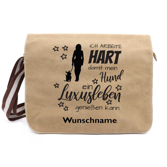 Ich arbeite hart Hund 1 - Canvas Schultertasche Messenger mit Namen