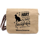 Ich arbeite hart Katze 1 - Canvas Schultertasche Messenger mit Namen - Tierisch tolle Geschenke