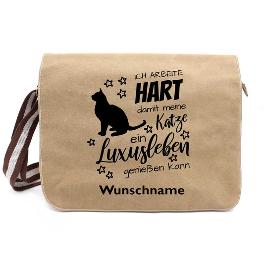 Ich arbeite hart Katze 1 - Canvas Schultertasche Messenger mit Namen