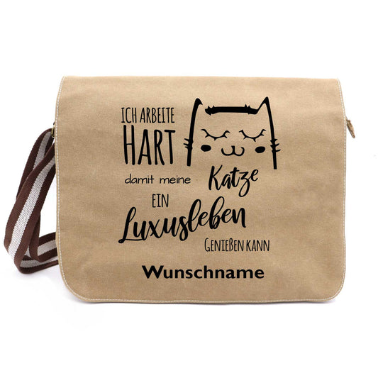 Ich arbeite hart Katze 2 - Canvas Schultertasche Messenger mit Namen